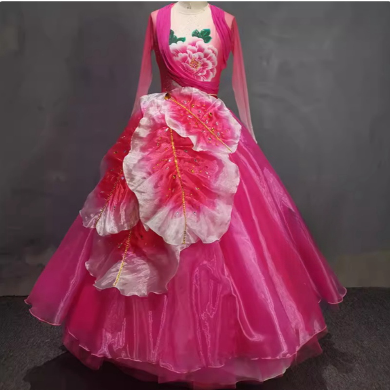 金舞潮开场舞盛世花开同款表演服饰花卉网纱多层大裙摆演出服出租