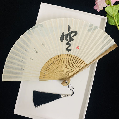 复古风棉麻折扇折叠竹制古色古香