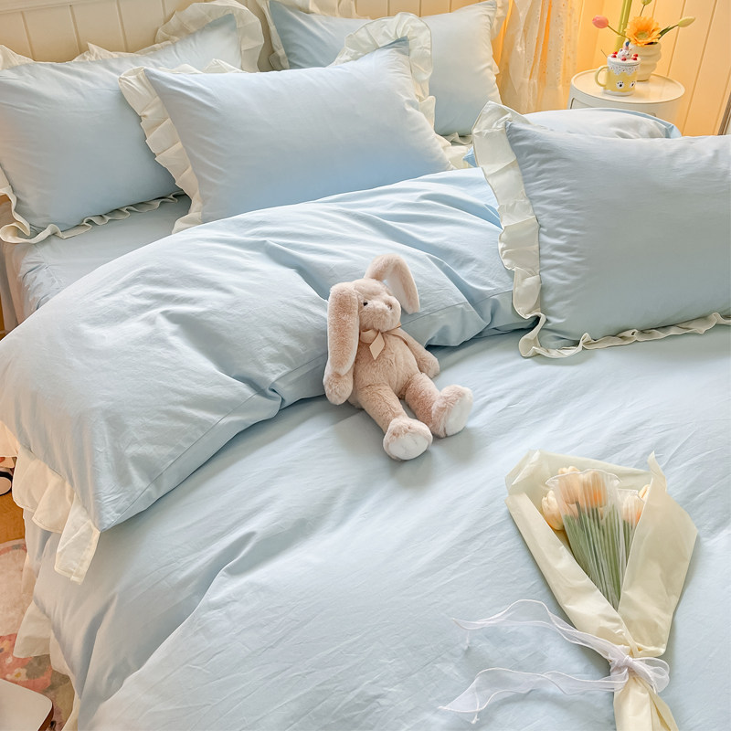 春夏纯棉床上四件套全棉新款网红简约水洗棉荷叶边小清新床单床裙