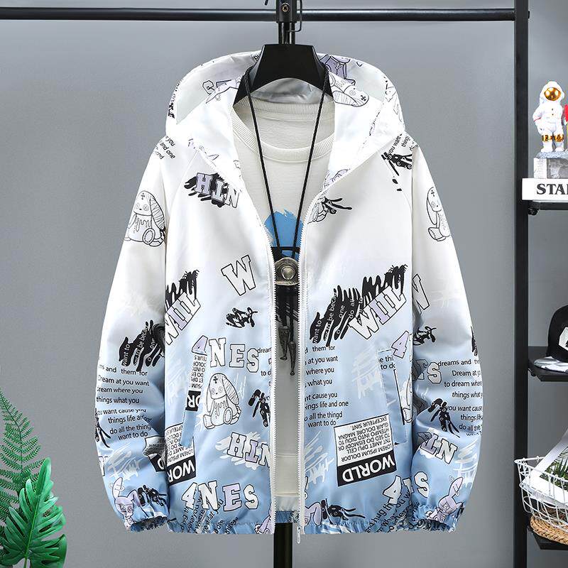 欧洲站男装潮牌印花流行连帽夹克衫外套情侣春秋薄款休闲上衣青年