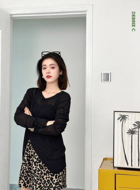 DEBBIE C 黑色宽松性感网纱薄长袖t恤防晒罩衫