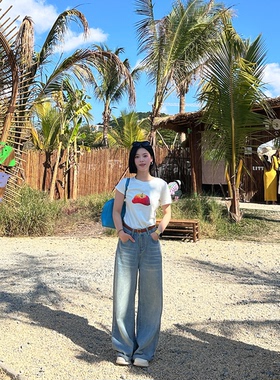 DEBBIE C 牛仔万搭 ins复古做旧洗水高腰宽松牛仔阔腿直筒裤女