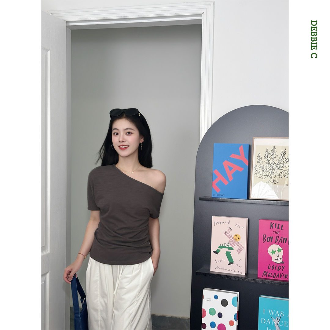DEBBIE C 紫灰基础 ins百搭显瘦掐腰纯色斜肩露肩短袖t恤上衣女