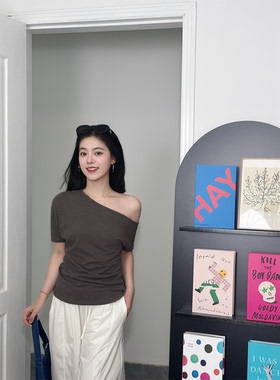 DEBBIE C 紫灰基础 ins百搭显瘦掐腰纯色斜肩露肩短袖t恤上衣女