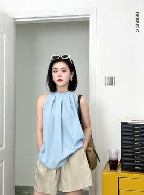 DEBBIE C 轻氧夏日 chic甜美温柔风蓝色无袖背心挂脖吊带外穿上衣