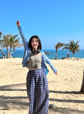 DEBBIE C 蓝色格调 ins慵懒风松弛感宽松高腰阔腿裤休闲裤格子女