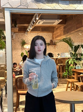 DEBBIE C 舒适玩家 简约百搭花灰色休闲百搭连帽卫衣外套拉链短款