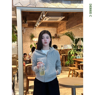 花灰色连帽短款卫衣百搭外套拉链