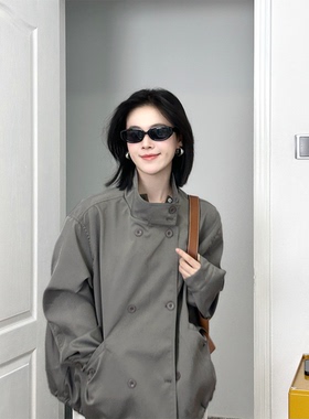 DEBBIE C 立领风衣 韩系双排扣宽松百搭灰色夹克风衣外套上衣女