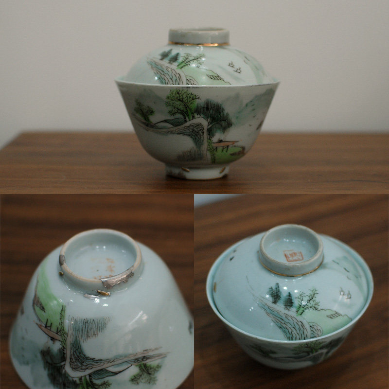 喜悦茶铺 晚清民国盖碗古玩泡茶器茶壶金缮锔瓷锔钉包口老茶器