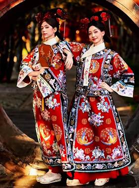 红色格格服装清汉女复古清朝氅衣宫廷风贵妃旗装马甲旗袍套装古装