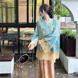 新中式国风蕾丝拼接外披宽松慵懒风禅意外套清冷上衣女人味连衣裙