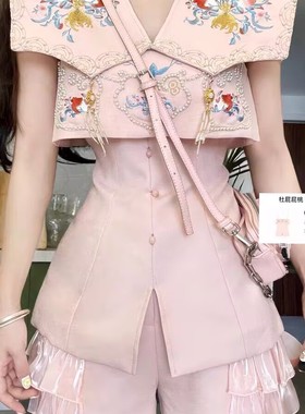 新中式时尚套装女重工钉珠刺绣国风披肩吊带短裤三件套小个子夏季