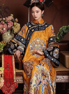 清朝宫廷服装皇后装吉服清汉女清代旗装高档印花氅衣倒大袖旗袍裙