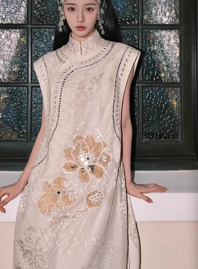 易梦玲同款新中式重工钉珠刺绣马甲无袖连衣裙套装国风女装