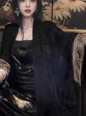 新中式国风黑色薄款夏季上衣贵气禅意外套改良春秋战袍汉服套装女