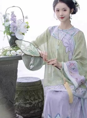 晋商少奶奶服装侧开襟倒大袖圆领衫褶裙清新雅致清汉女套装古装秋