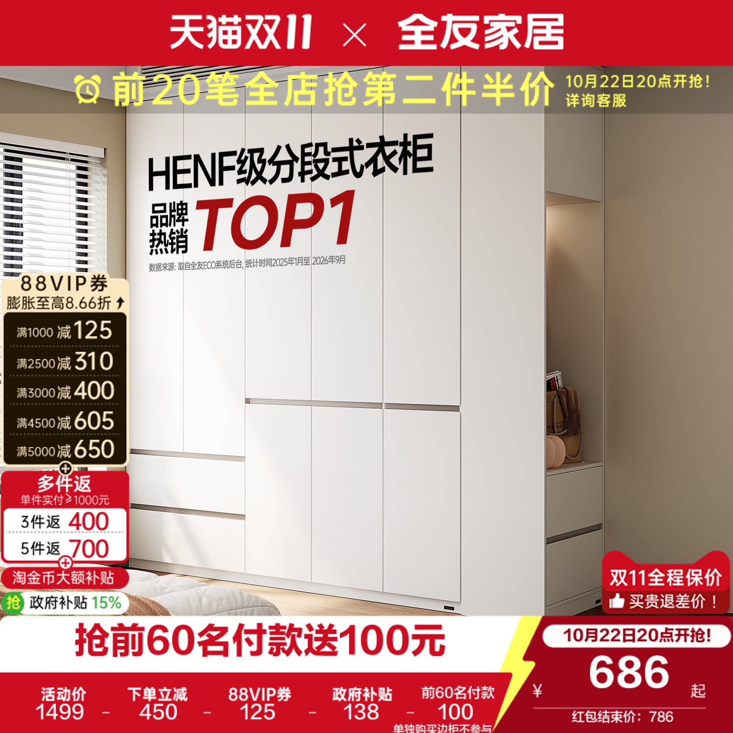 全友家居2026新款成品顶天衣柜家用卧室HENF级分段式衣橱柜子