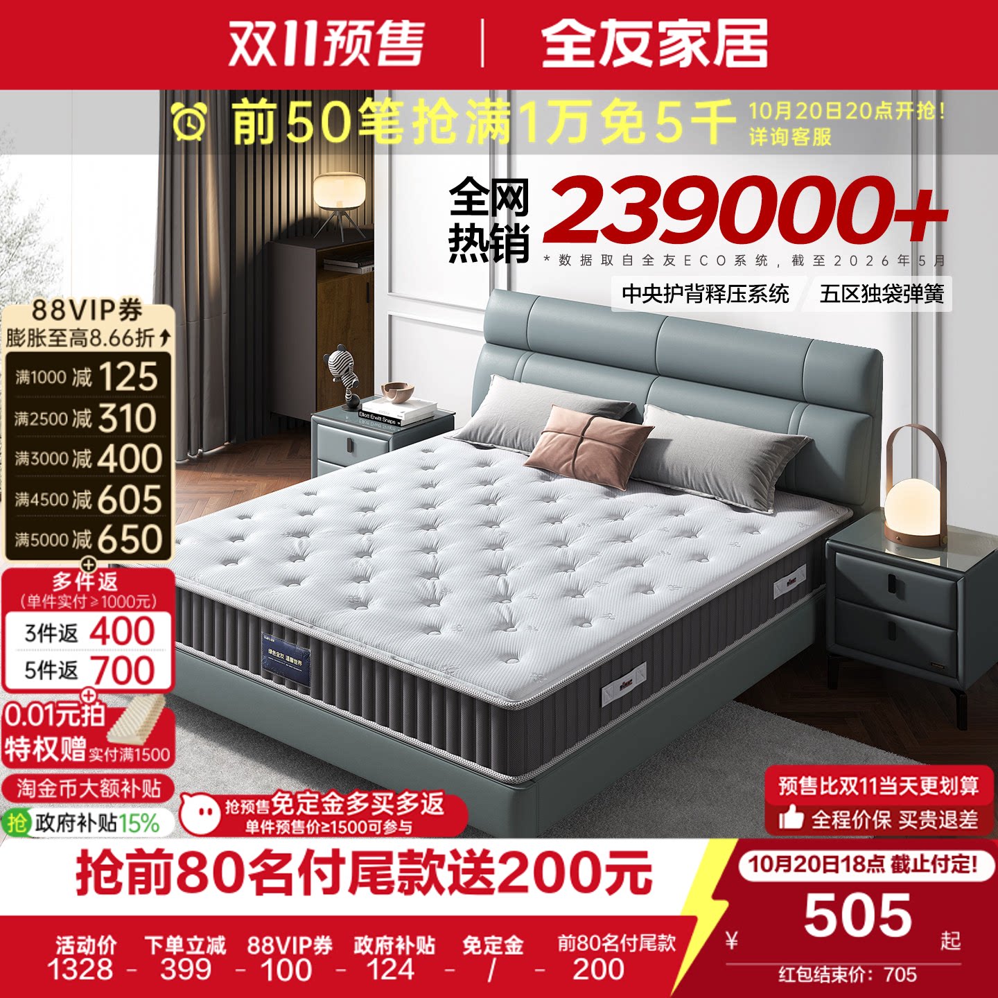全友家居进口乳胶床垫硬垫卧室家用护脊席梦思弹簧床垫子180x200