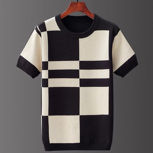 2023新款 秋冬季 提花加厚半截袖 短袖 毛衫 男针织衫 青年韩版 毛衣大码