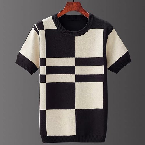 短袖毛衣大码男针织衫2023新款秋冬季提花加厚半截袖青年韩版毛衫