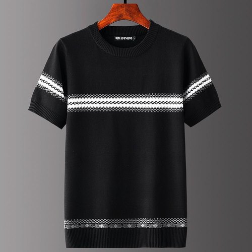 秋冬新款男士短袖毛衣半截袖圆领加厚提花修身大码针织衫打底线衣