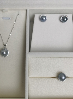 天然大溪地海水珍珠项链套装女简约微镶耳钉项链戒指首饰三件套