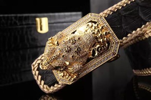 新款招财金蟾镶钻皮带扣男士蛇皮金边编织腰带蟾蜍扣头蟒蛇皮皮带