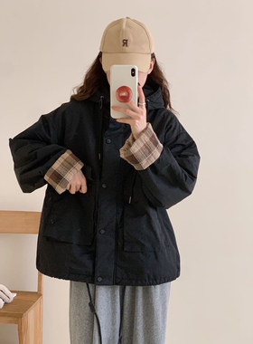 FANERER 冬季复古日系学院宽松连帽短款工装棉衣外套女派克服上衣