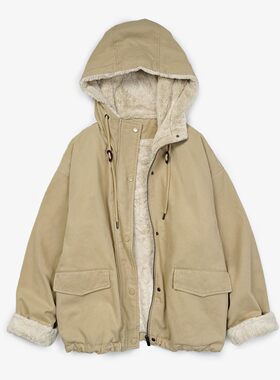 2025冬季新款工装风连帽派克棉服女加厚加绒保暖外套卡其色冬季