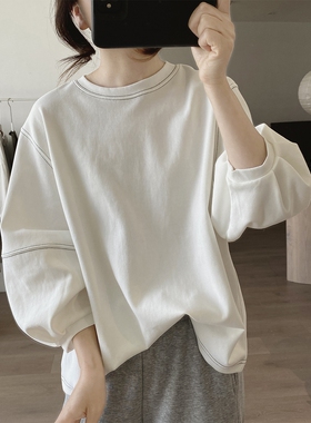 灯笼袖t恤女春秋季新款宽松大码显瘦简约小众设计感圆领棉质上衣