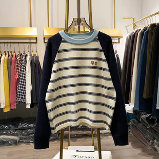 女秋冬韩系撞色圆领上衣潮 双爱心插肩条纹针织衫 晓艾档口实拍