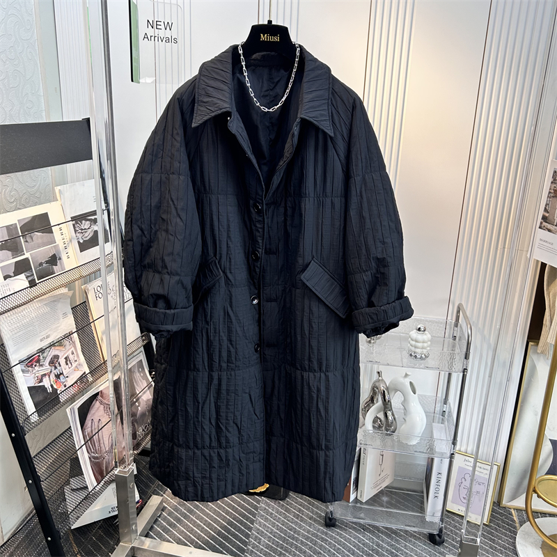 韩系慵懒风绗棉风衣女翻领宽松休闲薄款过膝中长款棉服外套秋冬季