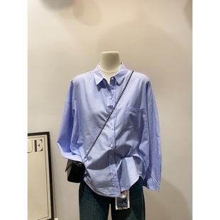 女春秋新款 盐系清爽 衬衫 时尚 复古叠穿显瘦外套 polo领条纹长袖