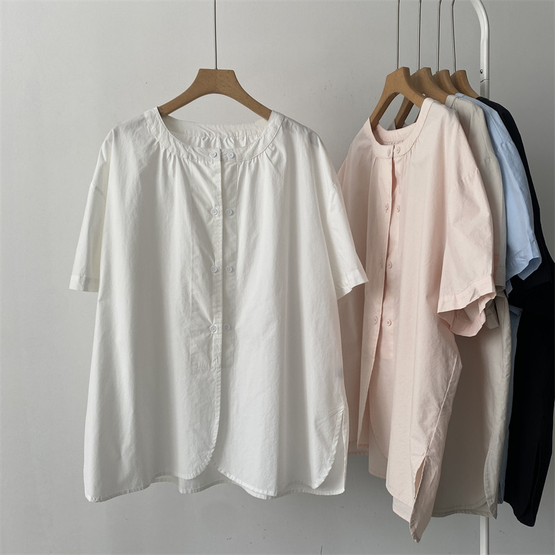 圆领短袖纯棉衬衫女夏季新款宽松显瘦韩版简约小众设计感减龄上衣