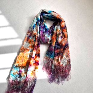 后期手工扎染100%桑蚕丝真丝绒55*200厘米含流苏长款秋冬款长围巾