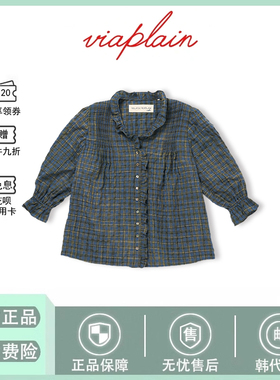 【现货】韩国viaplain复古花边衬衫木耳边立领格子衬衣张子萱同款