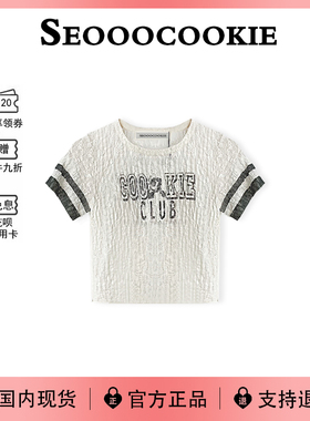 【现货】韩国seooocookie2025新款辣妹风短款字母印花蕾丝短袖T恤