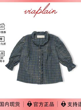 【现货】韩国viaplain衬衣张子萱同款褶皱长袖荷叶边百搭格子衬衫