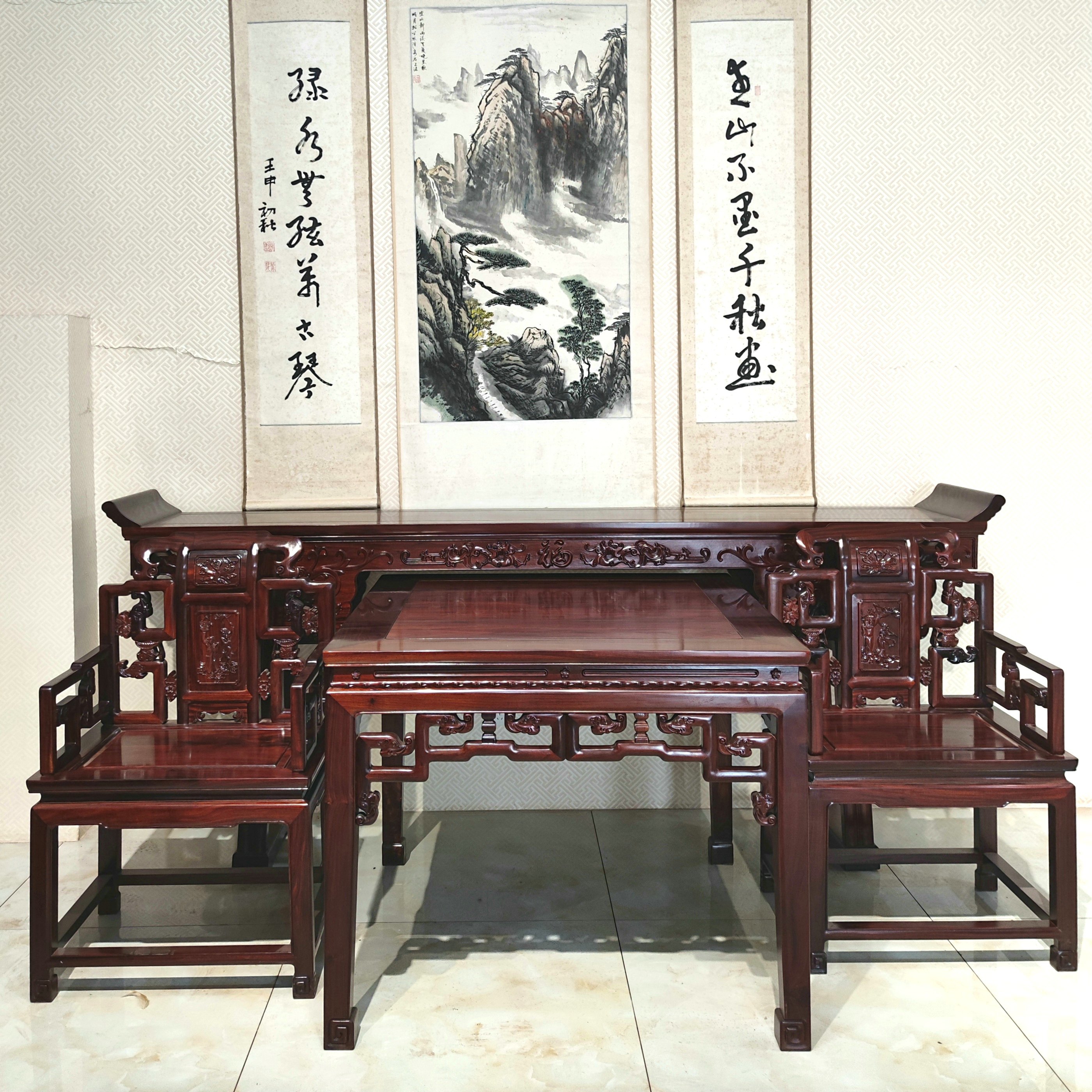 徽派象鼻八仙桌赞比亚血檀中堂四件套红木家具实木中式条案几供桌