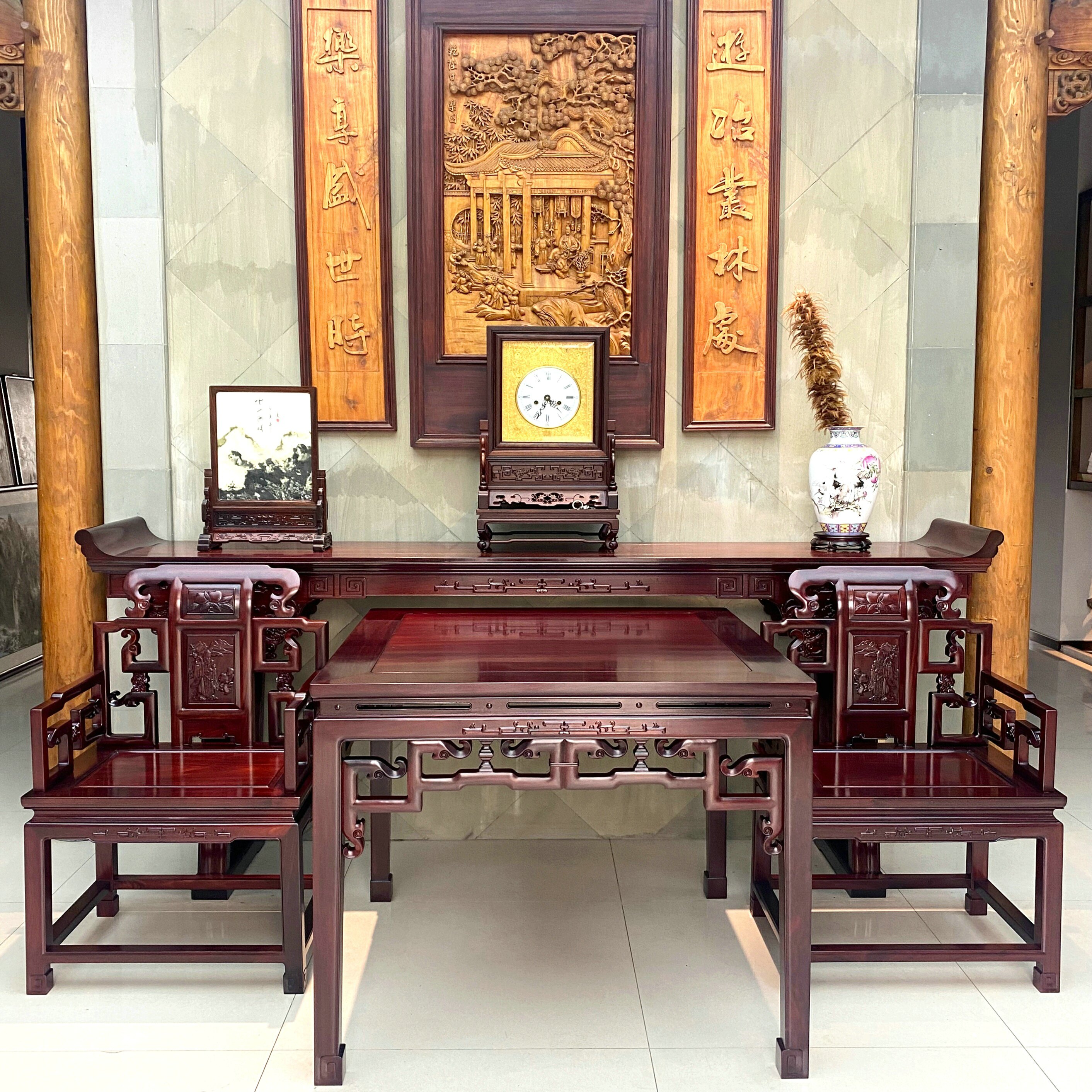 徽派32象鼻八仙桌中堂四件套赞比亚血檀中式家具实木条案条几供桌