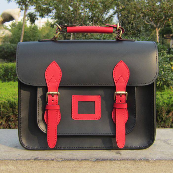 经典红配黑色剑桥包 手工定制邮差包欧美复古单肩斜跨手提牛皮包