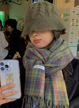 美式复古绿色格子围巾女冬季韩国格纹仿羊绒学生情侣大披肩围脖潮