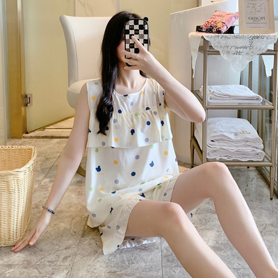 防凸点棉绸睡衣女士夏季薄款棉绸夏天背心短裤无袖人造棉套装