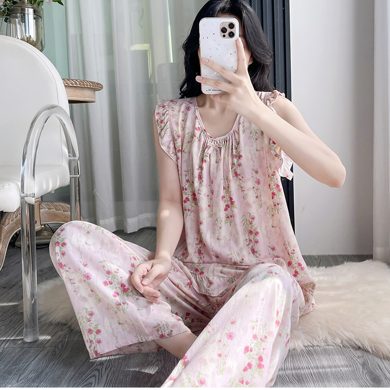 夏季薄款碎花棉绸睡衣女阔腿长裤