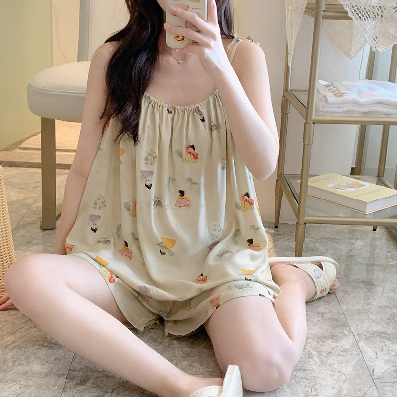 棉绸睡衣女夏薄款国风人造绵绸吊带套装可爱短裤家居服大码可外穿