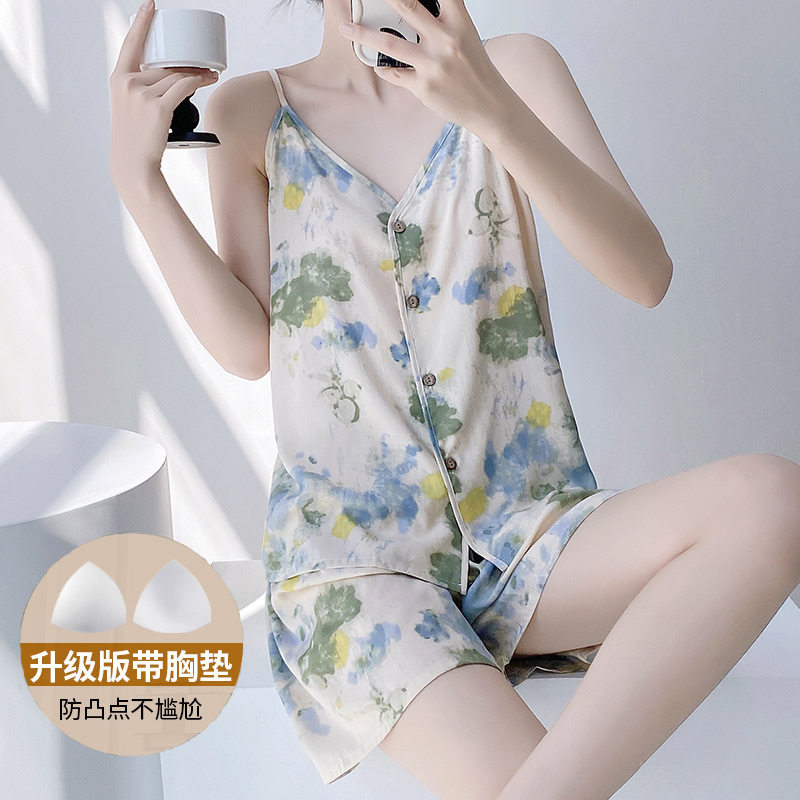 带胸垫棉绸吊带短裤睡衣女薄款透气百搭夏天人造棉绵绸性感可外穿