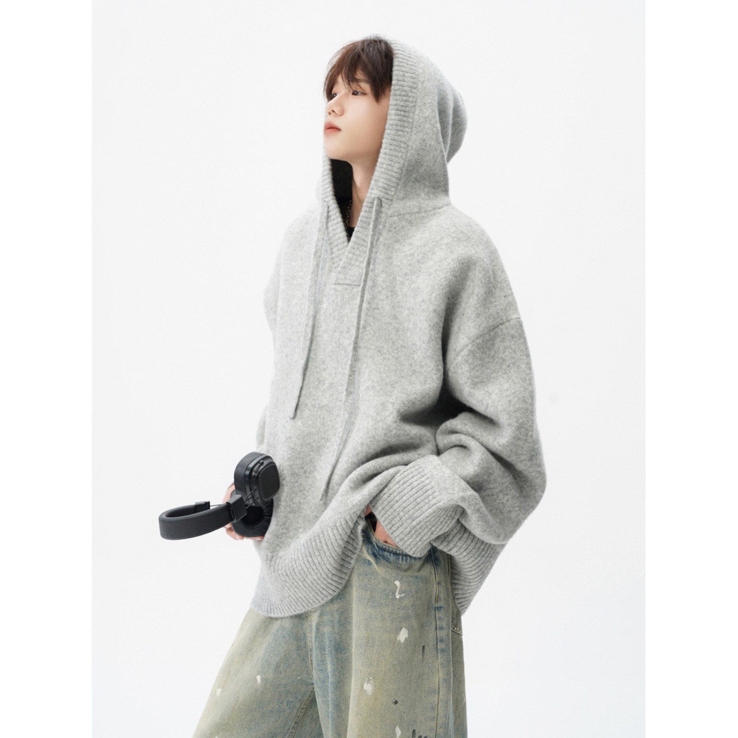 美式连帽针织衫外套男秋季潮牌花灰色情侣毛衣高街慵懒风百搭上衣