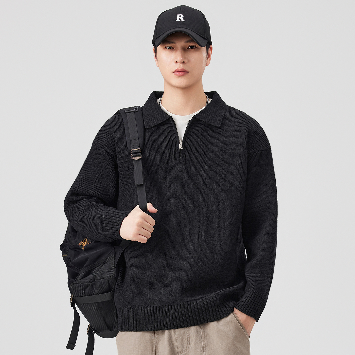 黑色半拉链毛衣男士秋冬款2025新款翻领宽松百搭潮POLO领针织衫男