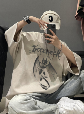 短袖t恤夏季男欧美式潮牌街头风高街vibe宽松重磅麂皮绒涂鸦体恤